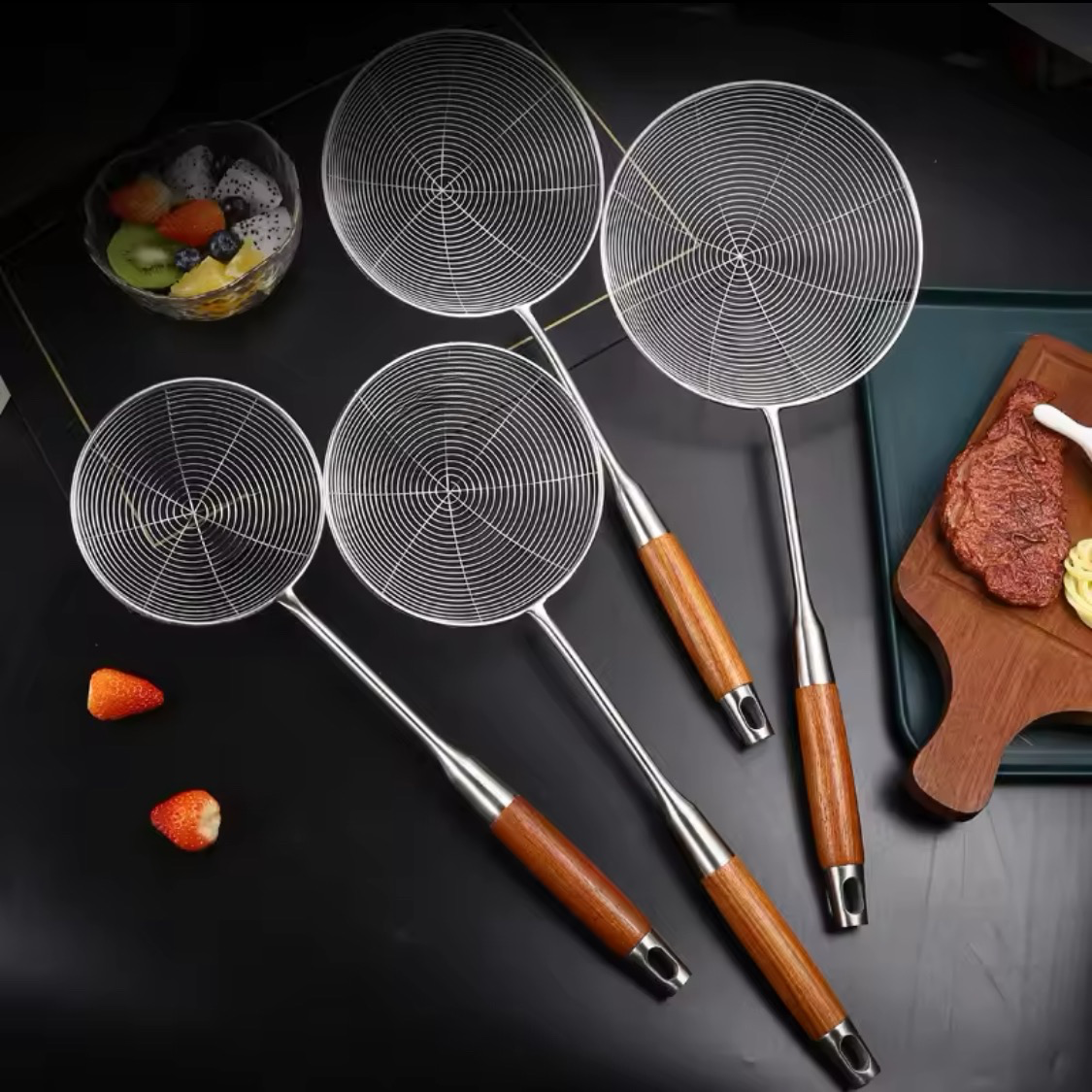 Fry Strainer With Wooden Handle, Stainless Steel Fry Strainer, Skimmer With Wood Handle, Fry Items Spatula Fry Strainer With Wooden Handle, Stainless Steel Fry Strainer, Skimmer With Wood Handle, Fry Items Spatula